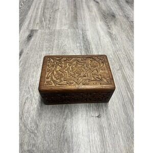 Vintage Carved Wooden Box With Hinges Hand Made In India Keepsake Box